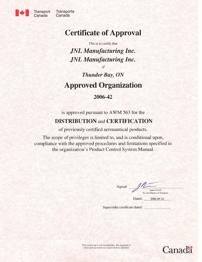 Certificate of Approval for the Distribution and Certification of aeronautical products